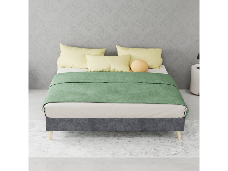  Lit enfant 200×140 cm avec tête de lit en forme de dessin animé, sans matelas, en tissu gris  - Conforama C