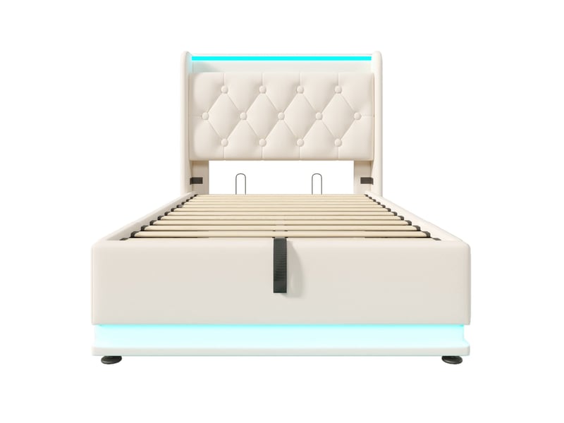  Lit simple en similicuir blanc, 90 x 200 cm, lit coffre avec éclairage led périphérique à 360° et port de charge  - Conforama A