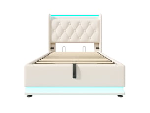 Lit simple en similicuir blanc, 90 x 200 cm, lit coffre avec éclairage led périphérique à 360° et port de charge
