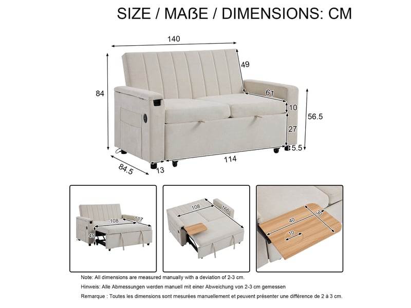  Canapé convertible 2 places 3-en-1 en chenille beige avec usb et type-c, 140x84,5x84 cm  - Conforama C
