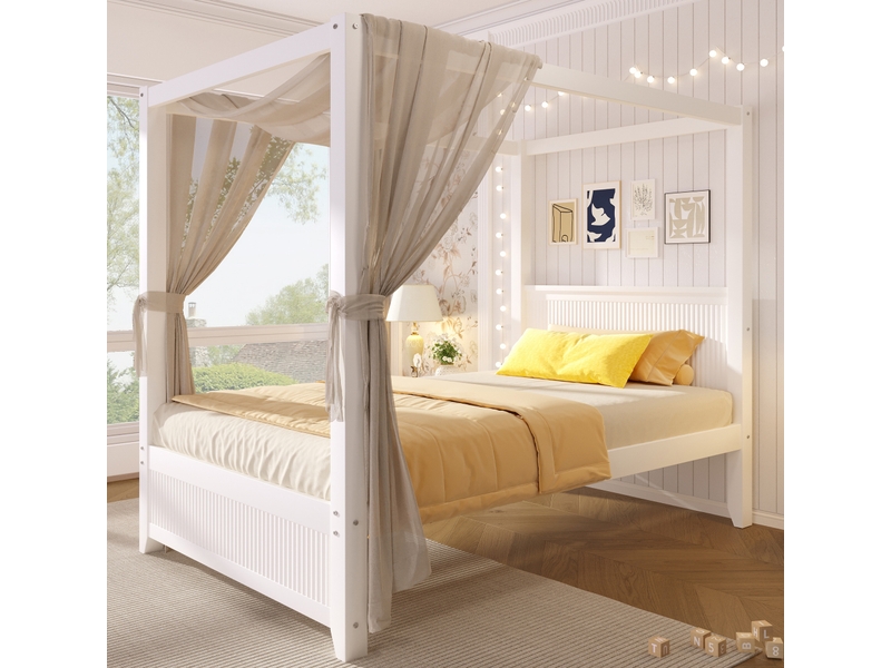  Lit à baldaquin 90x200 cm en pin et mdf blanc scandinave  - Conforama B