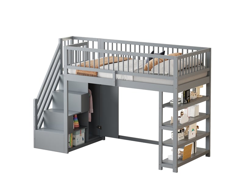  Lit mezzanine enfant 90 x 200 cm avec armoire, étagères et rangement gris  - Conforama A