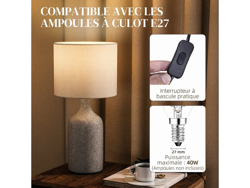  Lampe de table avec base en céramique et abat-jour en lin, lampe de chevet rétro avec culot e27, blanc et sable  - Conforama E