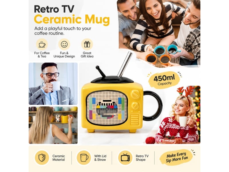  Mug en céramique avec couvercle et paille, télévision rétro, jaune, 450 ml  - Conforama D