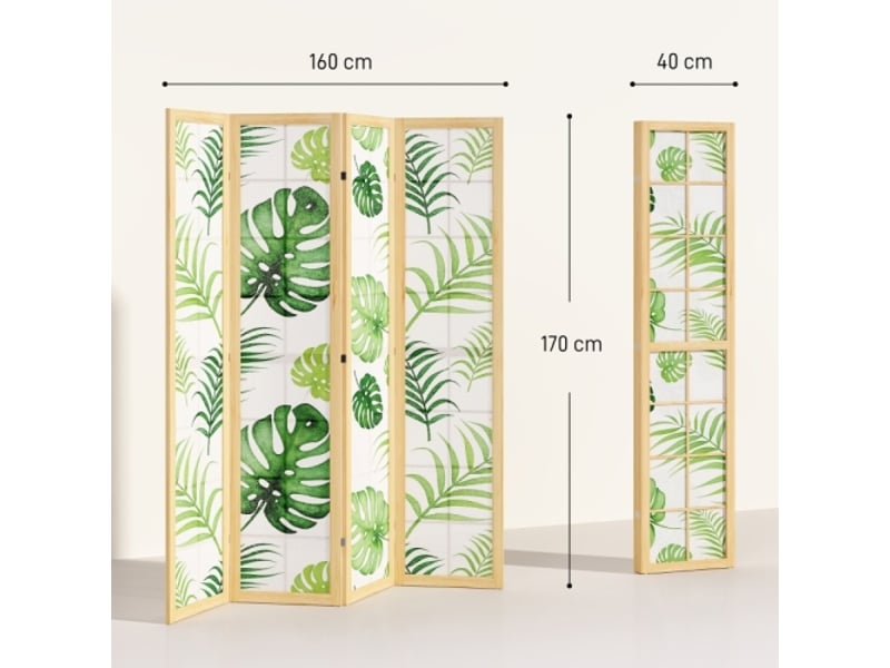 Paravent 4 Panneaux Pliable Style Bohème Motif Tropical Cadre en Bois Vert, Séparateur de Pièce Décoratif - Conforama E
