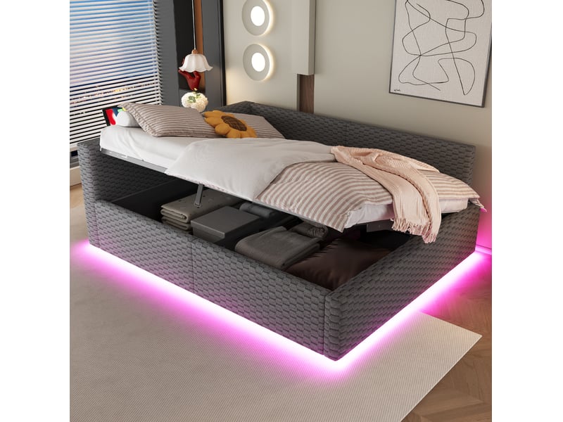 Lit double 140x200 cm avec coffre hydraulique, led, usb, type-c et velours gris - Conforama D