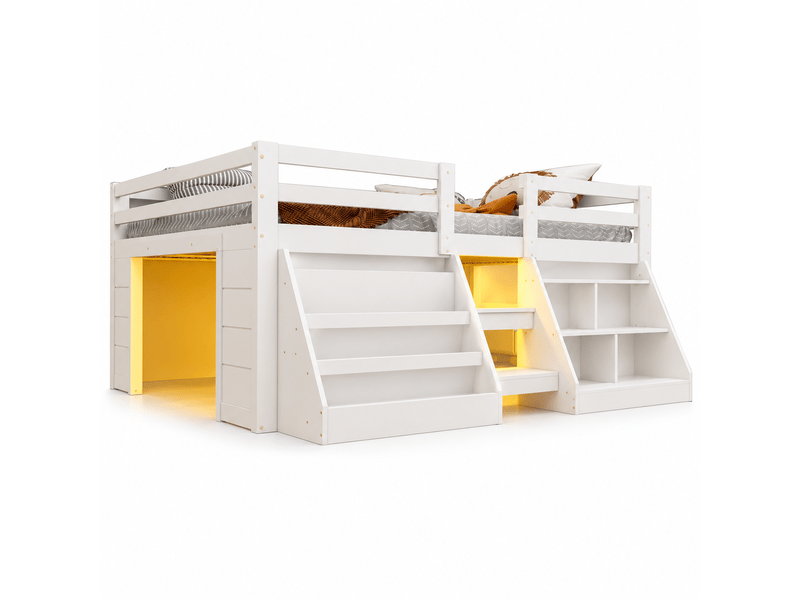  Lit mi-hauteur 140x200 cm avec étagères de rangement et éclairage led, échelle et barrières, structure en pin et mdf, blanc OMNIGLINT TRADING LTD - Conforama A