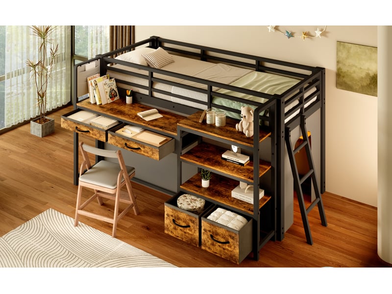  Lit superposé 90x200 cm noir métal avec bureau rangement tiroirs en tissu étagères et led pour chambre enfant Sol Morn - Conforama D