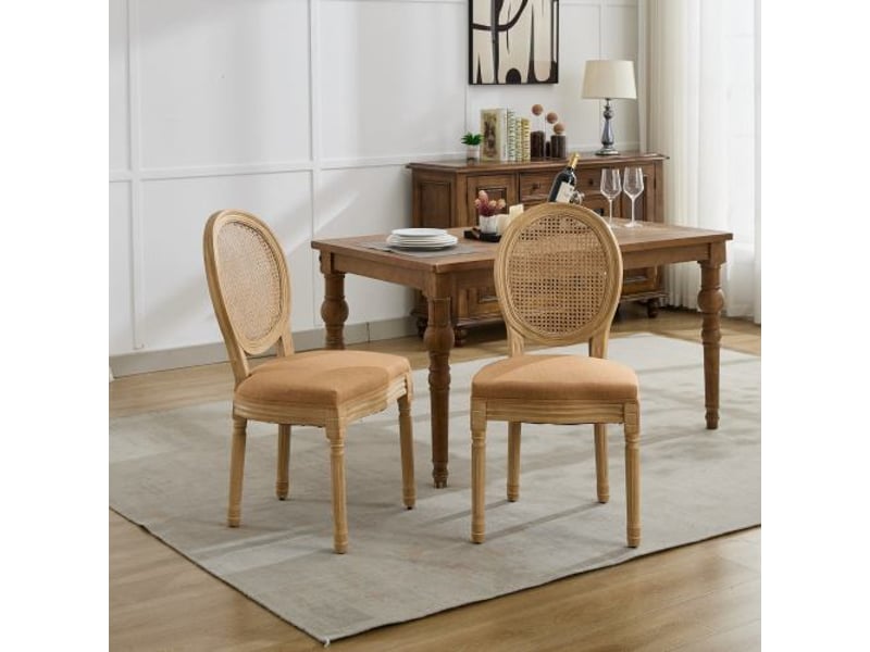  Chaises de salle à manger style français - lot de 2 - cadre bois massif, assise lin, dossier rotin - teinte tan 1843tn  - Conforama B