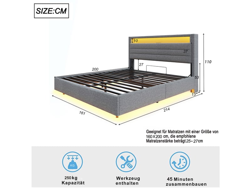  Lit adulte 160x200cm,lit coffre en lin avec lumière led,prise usb,tête de lit réversible et pieds cachés,gris lit adulte gris - Conforama C