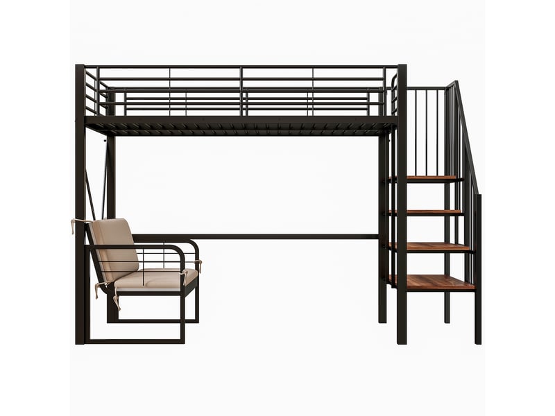 Lit mezzanine avec canapé intégré et escalier de rangement sécurisé, lit superposé 90x200 en métal noir robuste pour adulte et enfant. - Conforama A