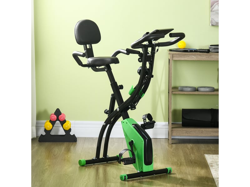  Vélo pliable 2 en 1, 8 résistances, silencieux, cardio, brassards, écran lcd, volant 2,5 kg, vert.  - Conforama D