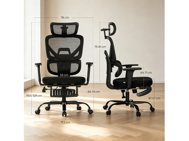  Chaise de bureau ergonomique pivotante avec repose-pieds, appui-tête 3d, en maille, métal et pu noir  - Conforama D