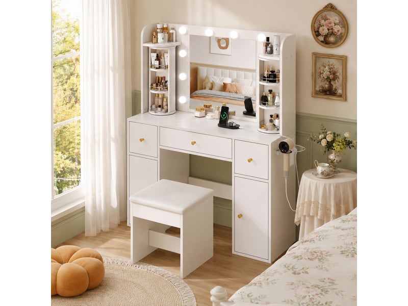  Coiffeuse avec miroir led dimmable 115x40x142 cm-organiseur à bijoux rotatif-usb-c-porte-sèche-cheveux-3 tiroirs-blanc  - Conforama B