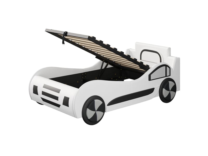  Lit simple 90 x 200 cm rangement hydraulique ouverture hydraulique finition blanche design voiture modèle enfant structure plate  - Conforama E