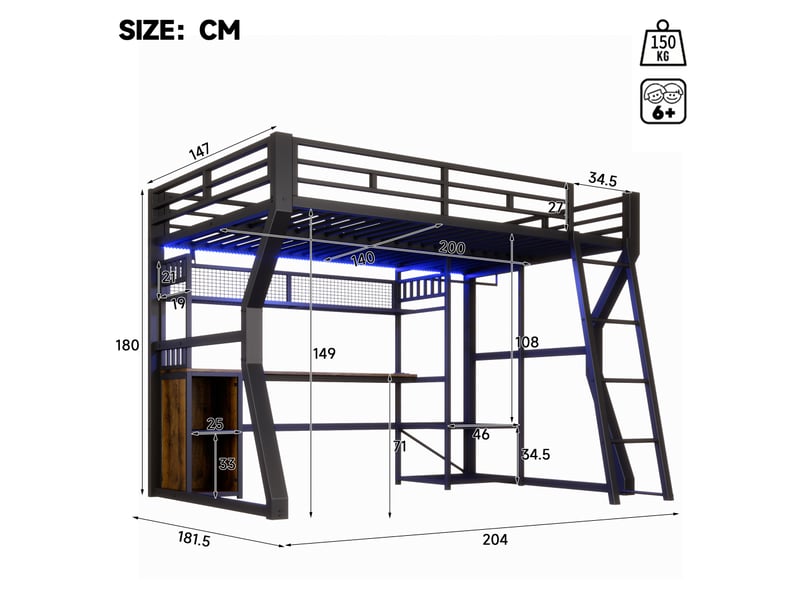  Lit mezzanine, 140 x 200 cm, structure en fer, avec éclairage intégré, prise électrique, penderie, bureau, rangements, étagères, espace ouvert sous le lit, matelas non inclus, noir  - Conforama C