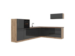 Vicco cuisine en angle, anthracite haute brillancechêne doré, 327 x cm plan de travail chêne doré