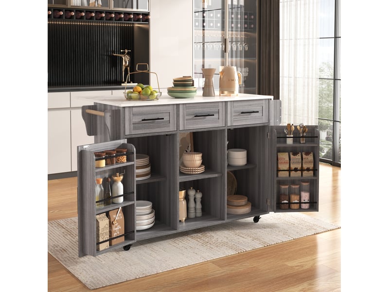  Desserte de cuisine 139 x 46 x 91,5 cm grise en mdf, plateau pliant, 3 tiroirs et roulettes verrouillables  - Conforama B