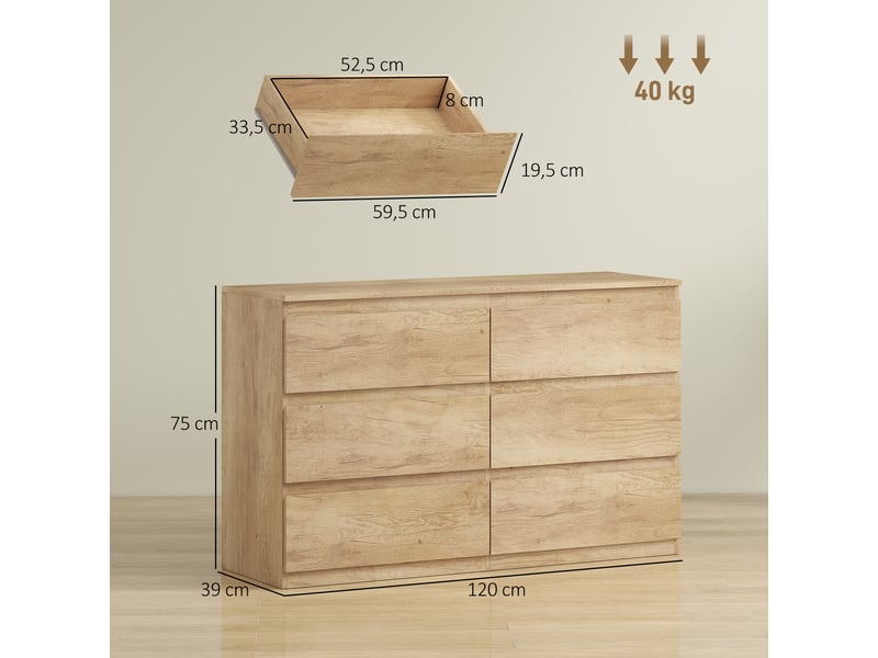 Commode 6 tiroirs meuble de rangement sans poignées design minimaliste 120 x 39 x 75 cm chêne - Conforama E