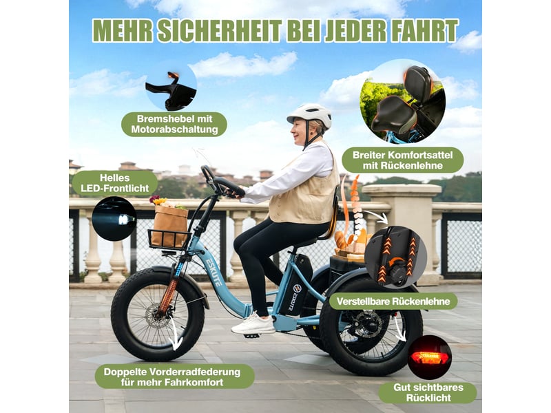 Tricycle électrique 20 eskute t302pro, 48v 250w 20.8ah, confort ergonomique, bleu  - Conforama E