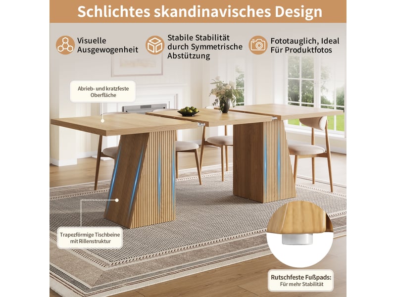 Table à manger extensible 120-160x80 cm pour 4 à 6 personnes, pieds trapézoïdaux à rainures verticales, patins antidérapants, effet chêne clair - Conforama E