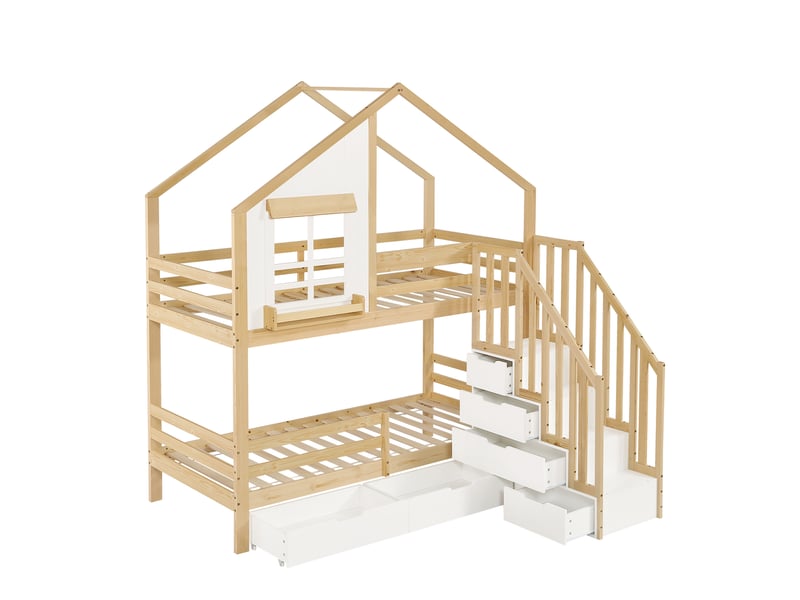  Lit superposé 90×200 cm avec tiroirs, fenêtres et escalier de rangement avec rampes, forme de maison adapté aux enfants et adolescents, blanc et naturel  - Conforama A
