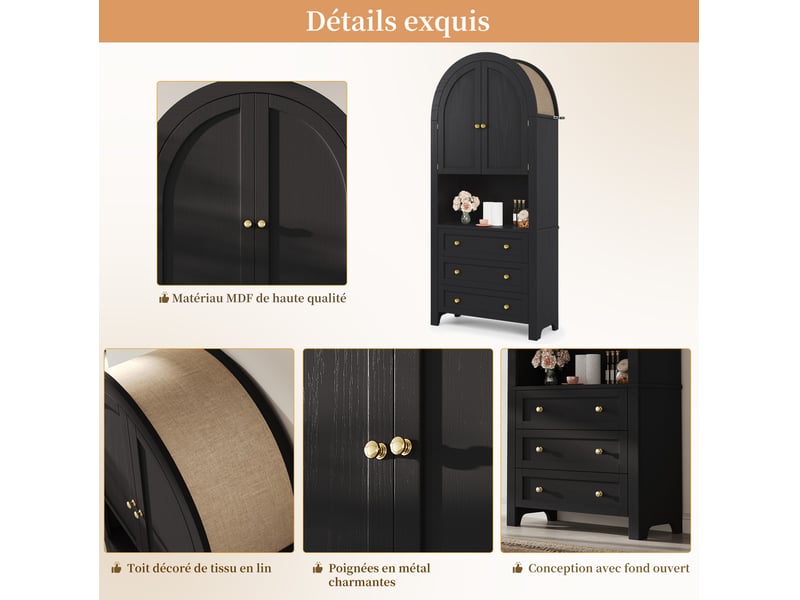 Armoire de rangement haute 70x35x180 cm, espace ouvert, 3 tiroirs et portes, poignées métal, pour chambre, mdf noir  - Conforama E