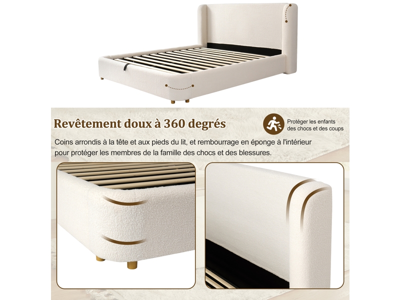 Lit double coffre hydraulique 140x190 cm, sommier à lattes, tête de lit rembourrée, bouclette métal, beige sans matelas - Conforama D