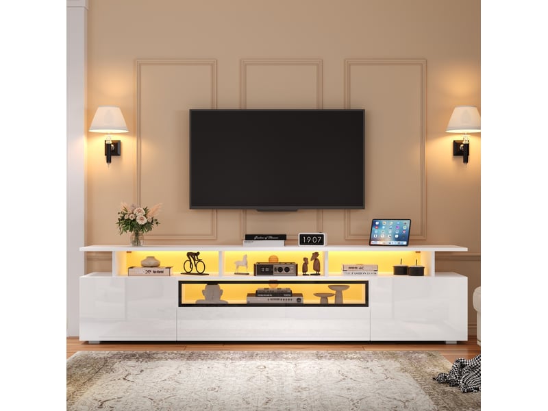  Meuble tv blanc 180 x 38 x 45 cm avec led, 2 placards, 1 tiroir et 10 espaces de rangement  - Conforama D