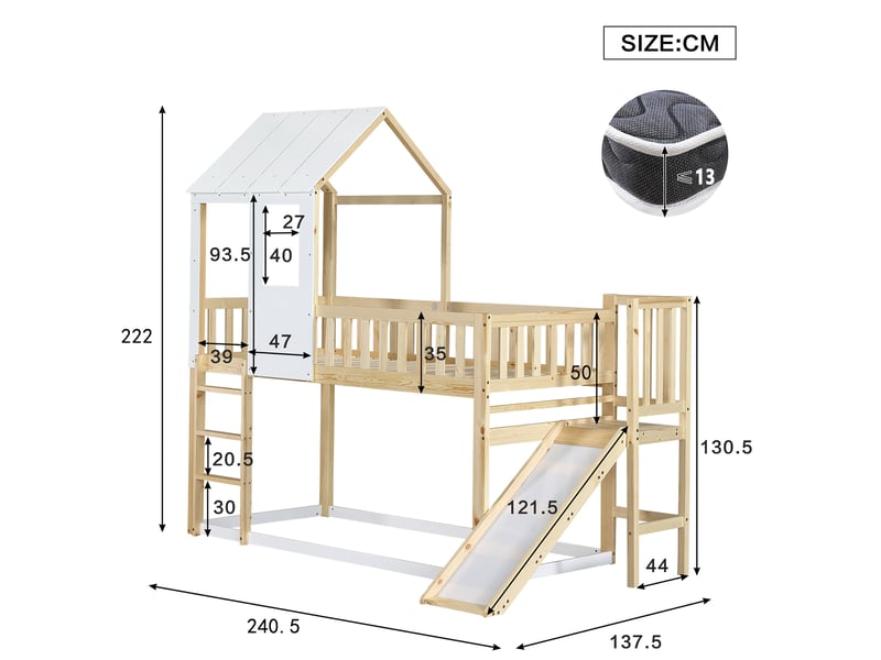  Lit mezzanine cabane enfant 90x200 cm, toboggan, toit avec fenêtre, barrières, pin et mdf, naturel + blanc Radiant Stride - Conforama C