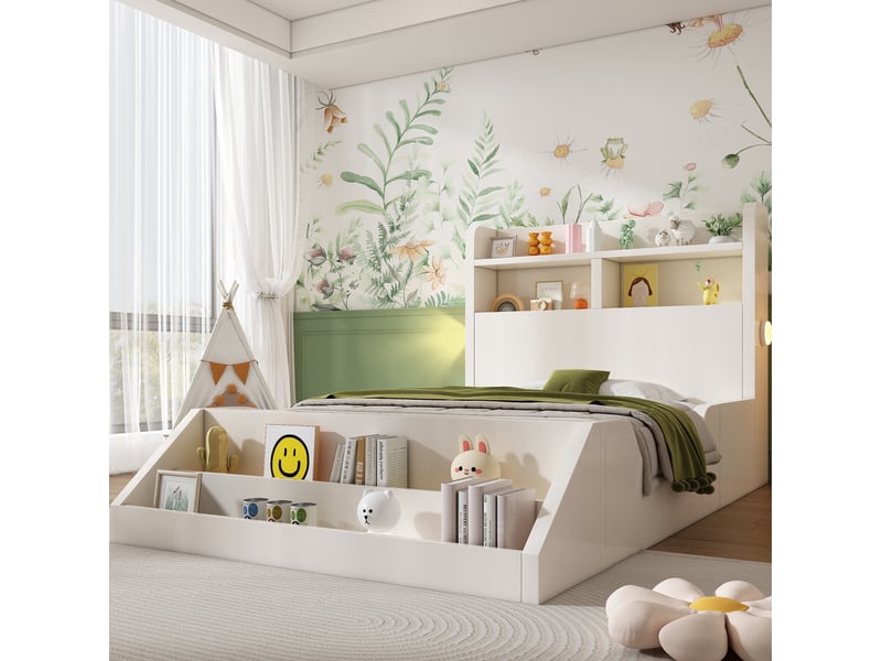  Lit enfant 90x200 cm blanc avec sommier, étagères, veilleuses et rangement  - Conforama E