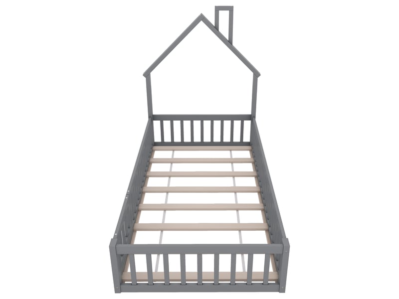 Lit cabane enfant 90x200 cm en pin gris, style minimaliste, forme cheminée, sommier à lattes - Conforama A