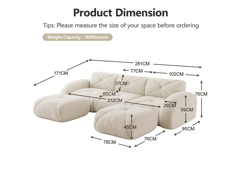  Canapé modulable en u sans armature, 3 places + 2 tabourets, tissu antidérapant blanc, sans montage  - Conforama C