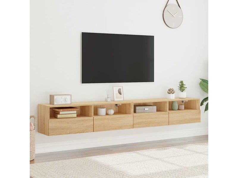  Lot de 2 meuble tv mural, meuble tv suspendu chêne sonoma 100x30x30cm bois ingénierie  - Conforama C