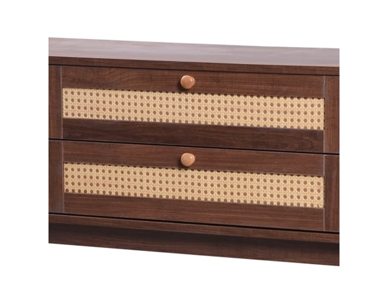  Meuble tv-bois naturel-portes et tiroirs en mélange- avec côtés en rotin-solution de rangement-style campagnard naturel  - Conforama E