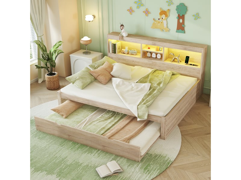  Lit banquette 140x200 cm en bois – tiroirs, gigogne, led et usb, finition bois  - Conforama D