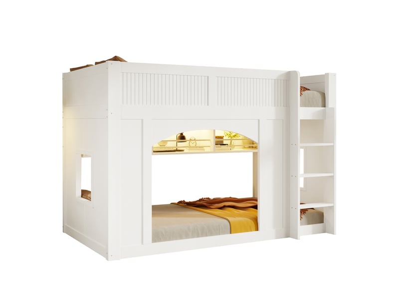  Lit mezzanine enfant 90x200 cm blanc en bois avec led multicolore, fenêtres, bibliothèque intégrée et espace de jeu sous le couchage pour chambre  - Conforama A