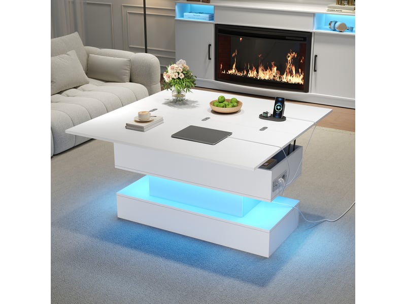  Table basse relevable - meubles de salon fonctionnelle avec prise usb et led, rangement intégré, design blanc, 100x50x51,5 cm  - Conforama D