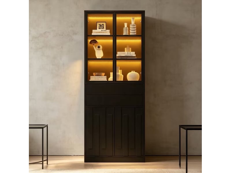  Vitrine haute en panneaux avec 4 portes, 2 tiroirs et éclairage led réglable pour salon noir mat 70 × 37 × 180 cm  - Conforama E