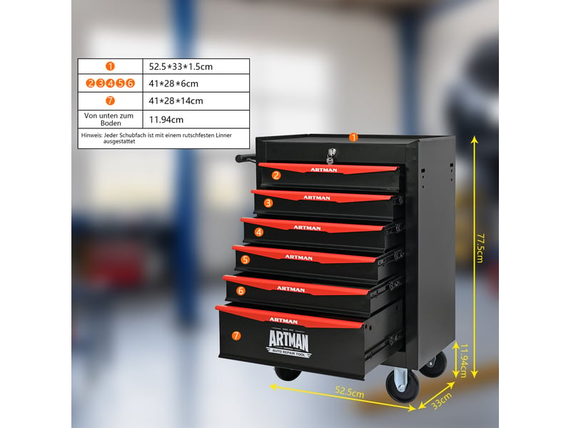 Armoire à outils mobile 6 tiroirs 60 x 33 x 77,5 cm noir et rouge en acier avec serrure et roulettes freinées - Conforama C