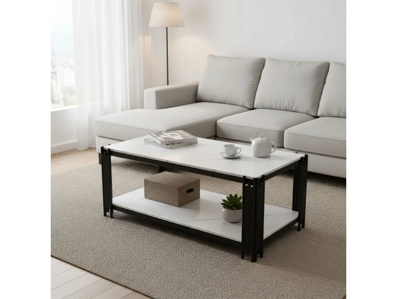  Table basse avec 2 étagères et plateau imitation marbre, en mdf et métal, blanc et noir, 114 × 64 × 46 cm  - Conforama C