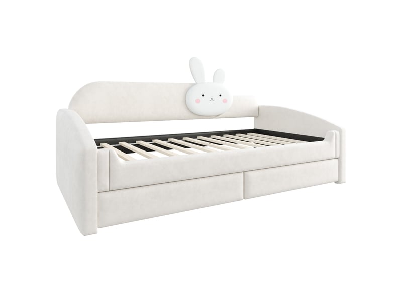 Lit canapé enfant velours beige 90x200 cm avec rangement, led et coussin lapin - Conforama D