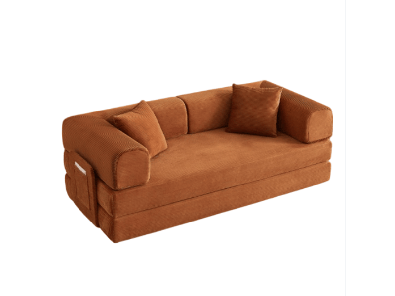  Canapé lit convertible 2 en 1 - 204x97 cm orange - canapé futon pliable en velours côtelé avec poches et couchage confortable  - Conforama A