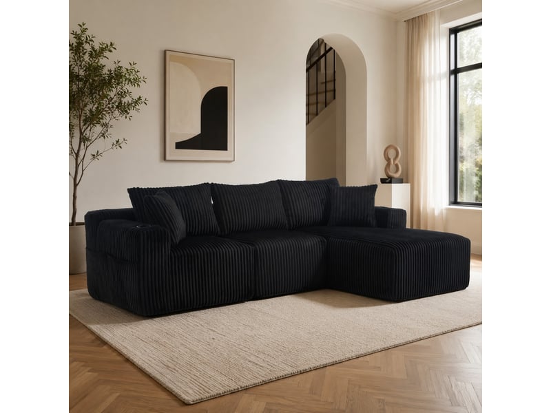  Canapé modulable 3 places avec méridienne noir en velours côtelé  - Conforama D