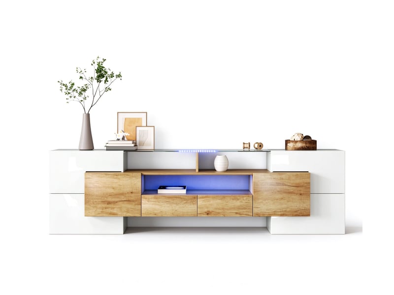  Meuble tv avec 6 portes et 2 tiroirs, 200 x 35 x 60 cm, éclairage led, 3 compartiments et finition brillante, mdf, couleur bois Morn Vibe - Conforama A