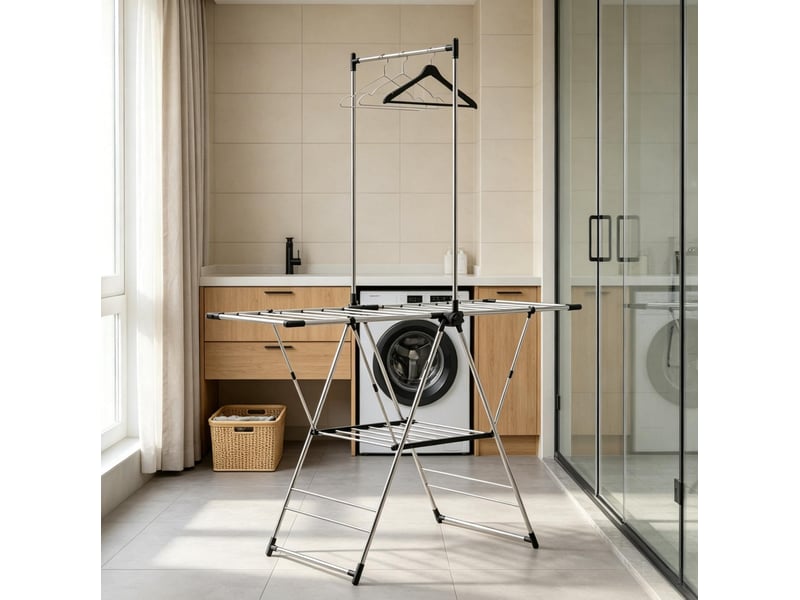 Étendoir à linge pliable en acier inoxydable, ailes réglables sur 5 niveaux, argenté - Conforama D
