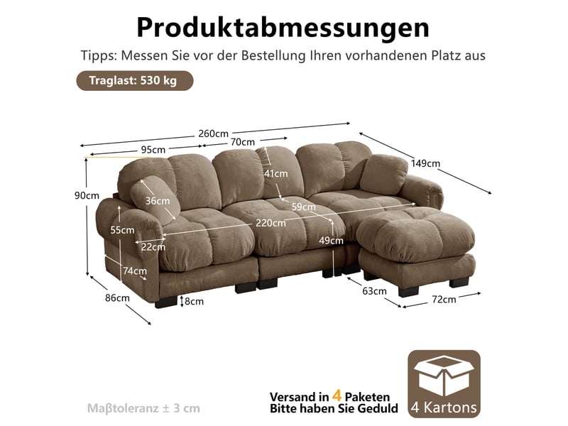 Canapé 3 places en l 260x149x90 cm, matelassée, 2 coussins déco, pouf déplaçable, tissu en chenille, marron - Conforama C