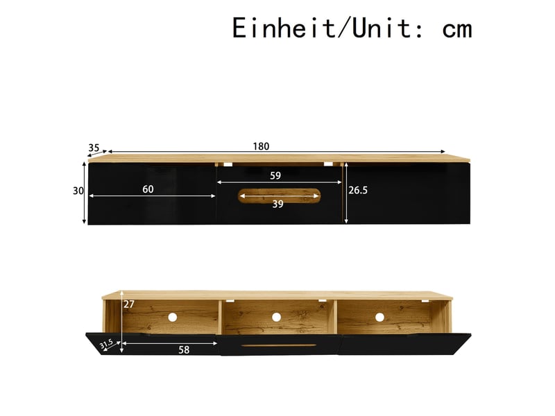  Meuble tv 180 cm noir et effet bois avec éclairage led 16 couleurs  - Conforama E