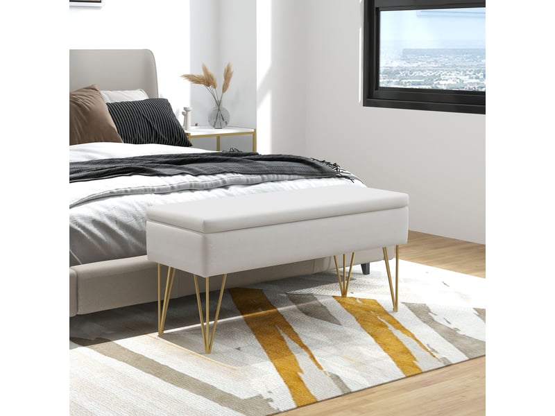  Banc de pied de lit recouvert de lin synthétique avec pieds en acier et assise rembourrée en crème  - Conforama B