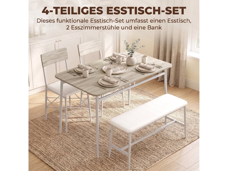  Ensemble table salle à manger avec 2 chaises et banc, assises rembourrées, petit espace, pour salon, chêne et blanc  - Conforama A